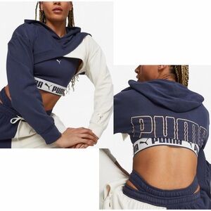 PUMA FIT MOVE NWT Long Sleeve Asymmetrical Cropped Hoodie *Navy/Alpine Snow S